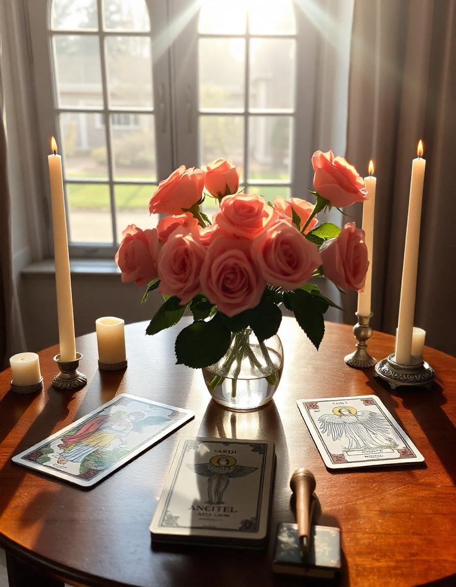 pikaso_texttoimage_tarot-and-angel-cards-on-table-with-roses-in-vase-